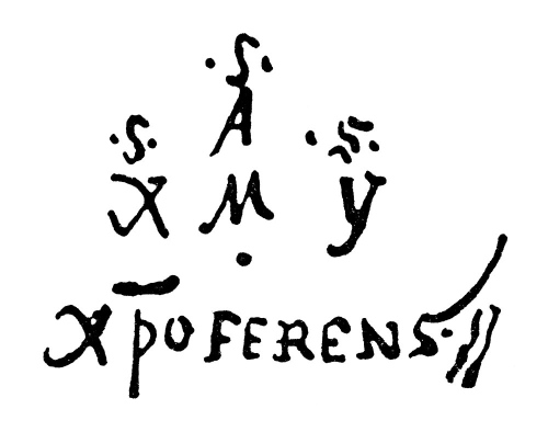 The first line says 
'S,' the second line says 'SAS,' the third line says 'XMY' and the fourth line says 'XPOFERENS.