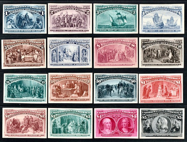 16 stamps, all of them 
various shades of duotone, all of them different values from 1 cent up to $5, all of them showing Columbus-related
vignettes
