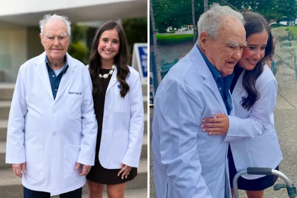 In the photo on
the left, the two doctors are standing together, both in their white coats; in the photo on the
right, the great-granddaughter is embracing her great-grandfather