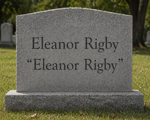 A headstone with
Eleanor Rigby engraved twice, the second instance in quotes