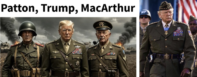 In the picture on the left, Trump is
flanked by bad renditions of George S. Patton and Douglas MacArthur. In the picture on the right, Trump is striding forward,
wearing ivory-handled revolvers and sorta five-star rank