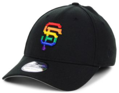 A black cap with a rainbow-colored SF