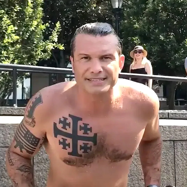 Pete Hegseth, shirt off. The Jerusalem 
Cross is made up of a cross shaped like a plus sign, with smaller plus-sign-shaped crosses in each of the four quadrants created
by the larger cross.