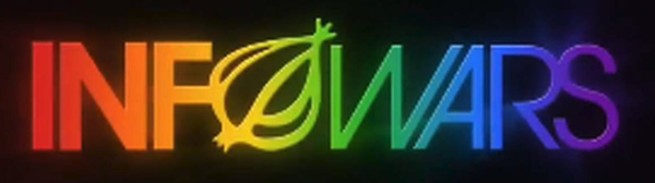 The word INFOWARS, in rainbow colors,
with the O in the shape of the Onion's onion-shaped logo.