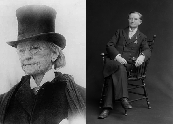On the left, a very elderly 
Walker is wearing a men's cloak and a stovepipe hat; on the right, a slightly younger Walker is wearing 
a men's suit and her Medal of Honor