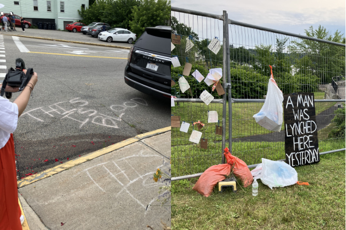 One photo shows blood on the
street and there is chalk lettering that reads 'THIS IS BLOOD'; the other photo shows a chain-link fence where people have
tied 'in memoriam' cards, and someone has put up a sign that says 'A MAN WAS LYNCHED HERE YESTERDAY.'