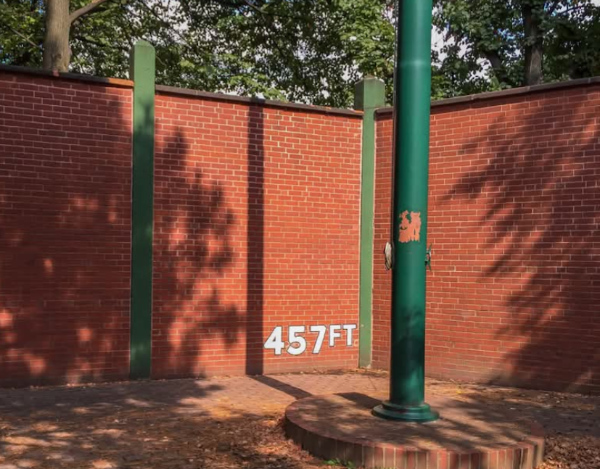 The remnants of the old Forbes
Field fence, showing the ball he hit traveled over 400 feet