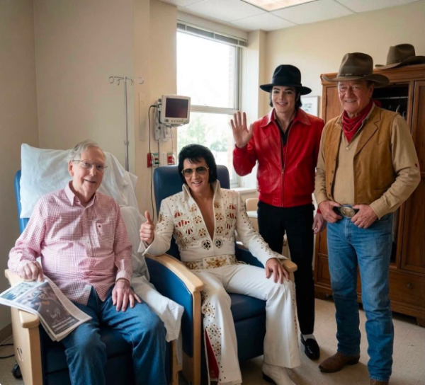 The proof-of-life photo of
McConnelly, photoshopped such that he is being visited in his hospital room by Elvis, Michael Jackson and John Wayne