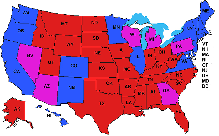States each party won in 2016, 2020, and 2024 and the swing states