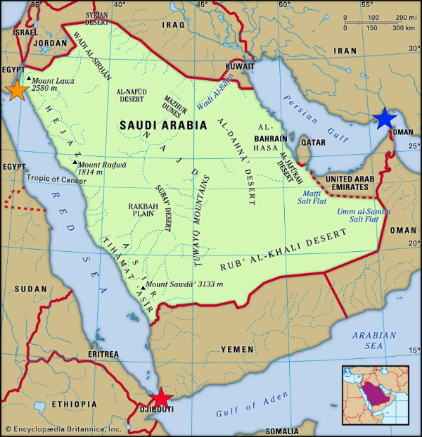 A map of Saudi Arabia, with a blue star
in the east (Persian Gulf), a red star in the southwest (southern Red Sea), and an orange star in the northwest (northern Red Sea)