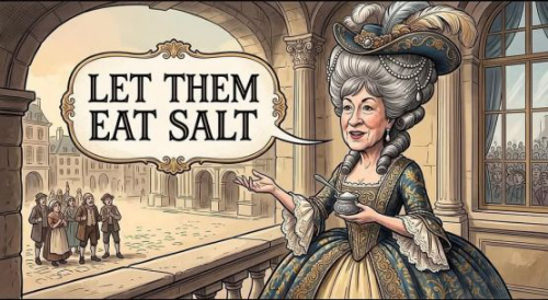 It is a cartoon of Susan
Collins as Marie Antoinette, with the caption 'Let them eat salt
