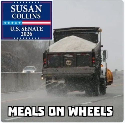 It is a truck that salts the
roads during snowstorms, with the caption 'Meals on Wheels'