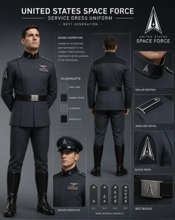 They are dark gray with 
black trim, harsh collars, black jackboots, and black belts with a silver buckle. They have a chevron on both the buckle
and the arm that looks like the Starfleet symbol from 'Star Trek.'