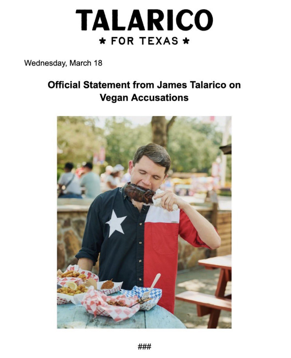 Talarico wearing
a shirt in the style of the Texas flag, eating a barbecued turkey leg