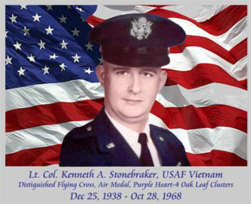 A man in an Air Force
officer's uniform, accompanied by the text: 'Lt. Cof. Kenneth A. Stonebraker, USAF Vietnam
Distinguished Flying Cross, Air Medal, Purple Heart-4 Oak Leaf Clusters
Dec. 25, 1938 - Oct. 28, 1968'