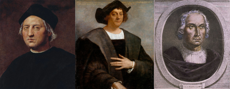 In the first picture, 
he has straight white hair and looks something like Martin Luther, in the second picture he has curly brown hair and
looks something like Marco Polo, in the third picture he has curly gray hair and looks something like an elderly 
Lafayette.