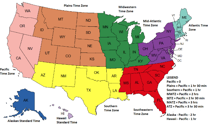 The continental U.S. divided up
into nine zones. The current Pacific Time Zone is basically intact. The rest of the country is divided into, in effect,
the Great Plains, the Midwest, the Mid-Atlantic and Ohio, New England, the eastern Deep South, the western Deep South,
Alaska and Hawaii