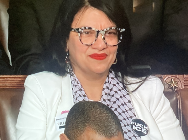 Tlaib is wearing a large
pin that says 'FUCK ICE'