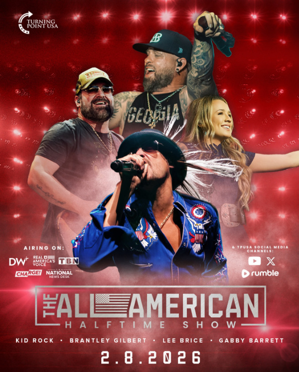 It describes the
performance as the 'All-American Show' and has four performers shown, arranged in diamond pattern. The 
four are Kid Rock, a blonde woman, and two heavyset guys with beards and tattoos. The bottom of the poster
identifies the quartet as 'KID ROCK, BRANTLEY GILBERT, LEE BRICE, GABBY BARRETT'