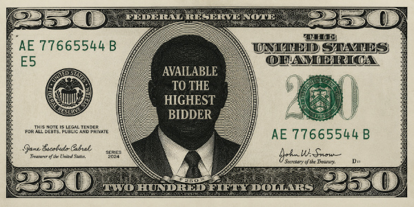 It's the Trump $250,
except the head shot has been replaced by a silhouette and the text 'AVAILABLE TO THE HIGHEST BIDDER'
