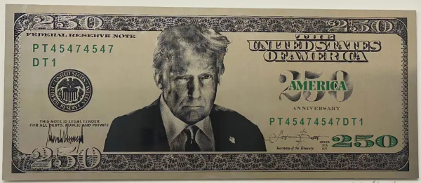 A fake $250 bill, 
with Trump's official portrait on it, the one of him kind of glaring downward, like in his mugshot'