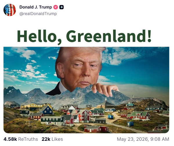 It says 'Hello, Greenland!'
in very big letters, and has a photoshopped picture of a GIANT Trump peering at Greenland over some mountains