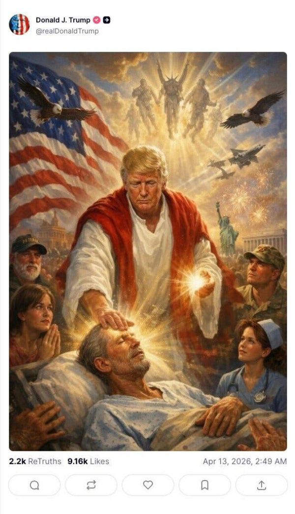 A bizarro picture full
of a bunch of people, including some flying in the sky. In the center is Trump, in the guise of Jesus, laying hands
on a sick or dead man in a bed