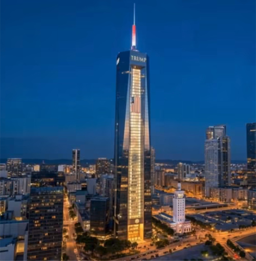 A tall, somewhat twisty
building with mirrors everywhere, a big flag, a big 'TRUMP' and a red/white/blue antenna on top