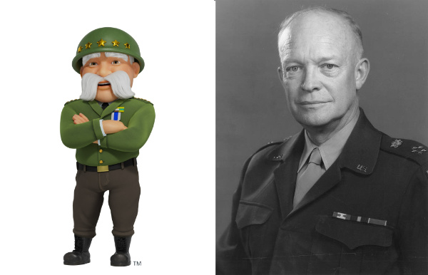 On the left is the mascot for
The General insurance, with five stars in a row on his helmet. On the right is a picture of Dwight D. Eisenhower, with 
five stars in a star pattern on his shoulders.