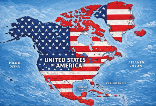 A map of North America
with a U.S. flag imposed over all of it. That includes Canada, the U.S., and Mexico, as well as Greenland, Iceland, the nations
of the Caribbean, and the northern chunk of Central America